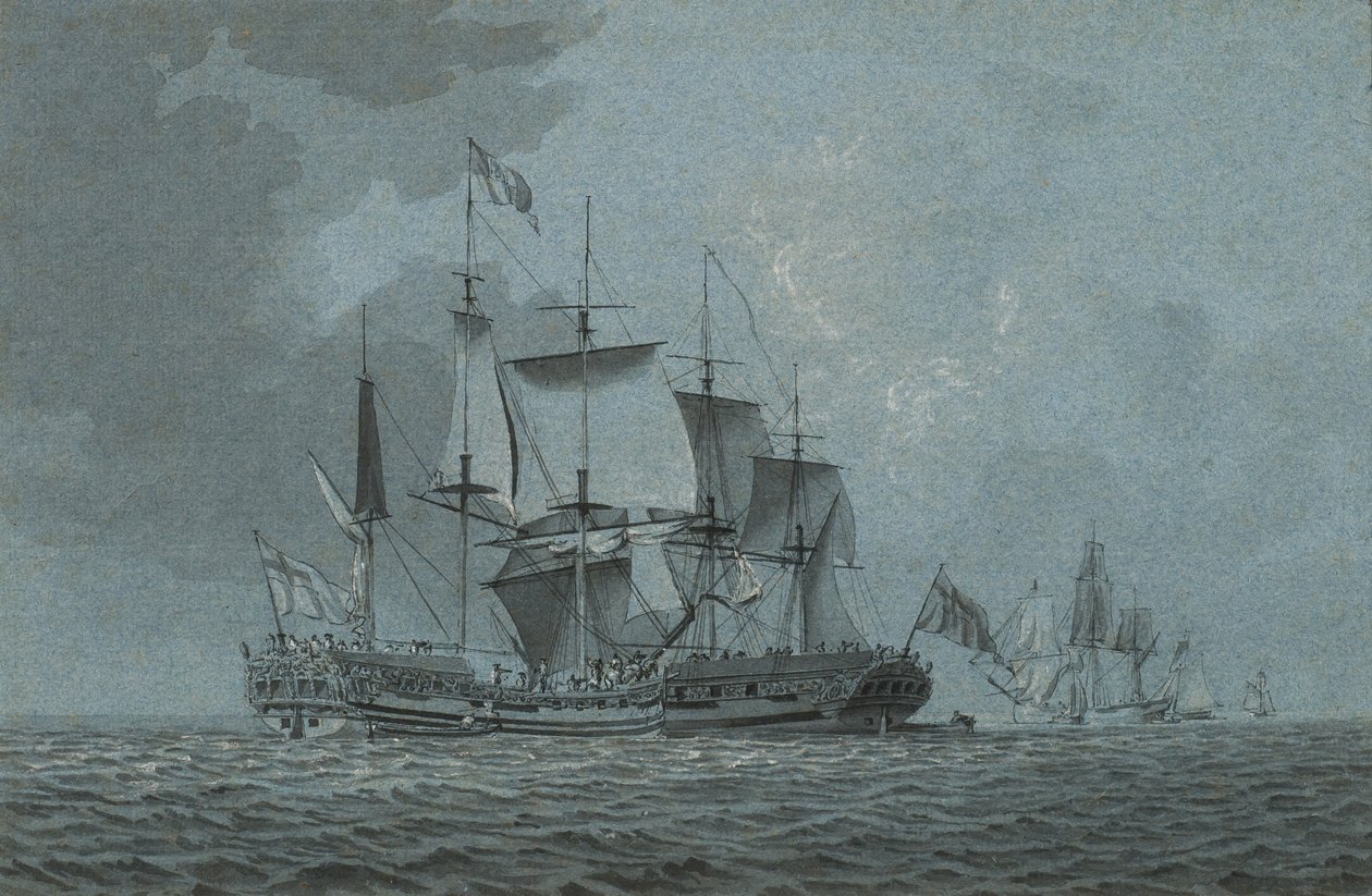 Un yate del Almirantazgo acercándose a un barco de guerra que ha parado para esperar su llegada, con otros barcos más allá de Robert Cleveley