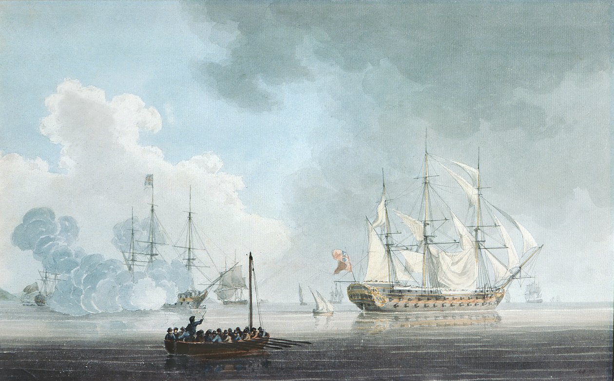 Barcos de guerra ingleses, uno disparando un saludo de Robert Cleveley
