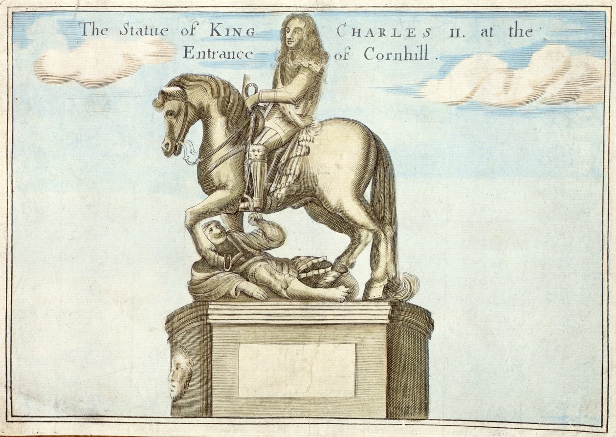 Estatua del Rey Carlos II (1630-85) en la entrada de Cornhill, de Un libro de las perspectivas de los lugares notables en y alrededor de la ciudad de Londres, c.1700 de Robert Morden