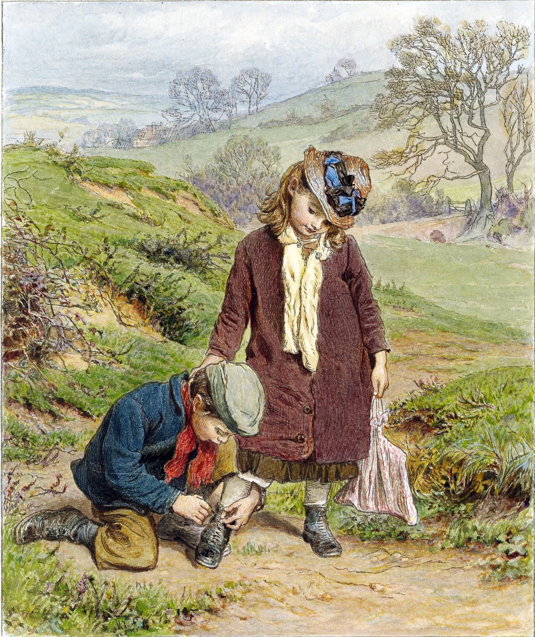 Hermano atando el zapato de su hermana, pub. 1854 de Robert Barnes