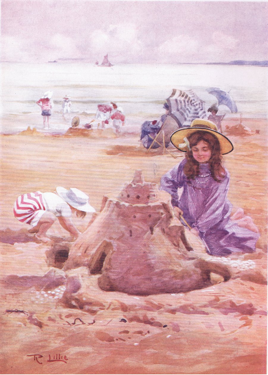 Construyendo el castillo de arena (litografía en color) de Robert Lillie