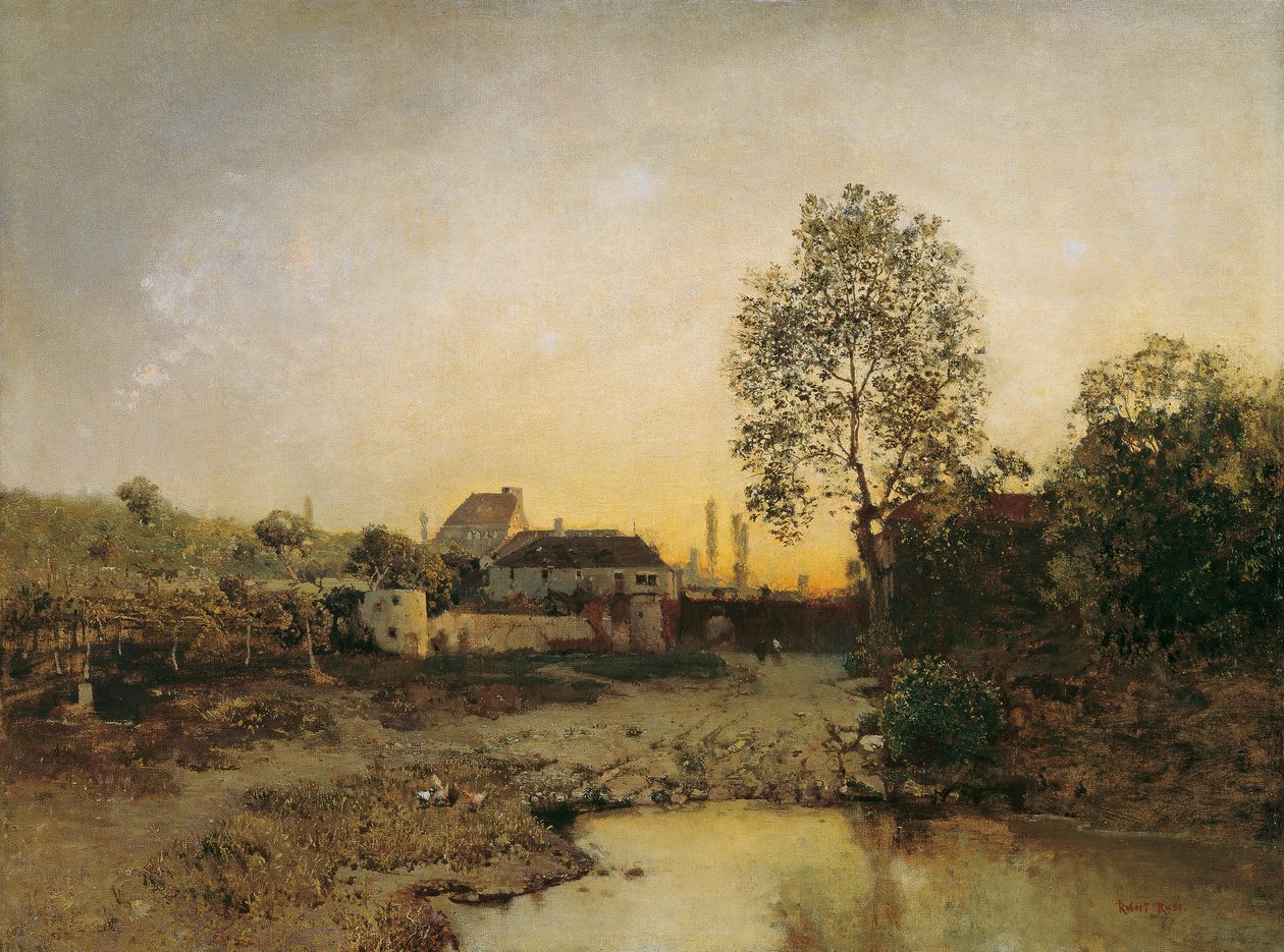 Paisaje con estanque y granjas de Robert Russ