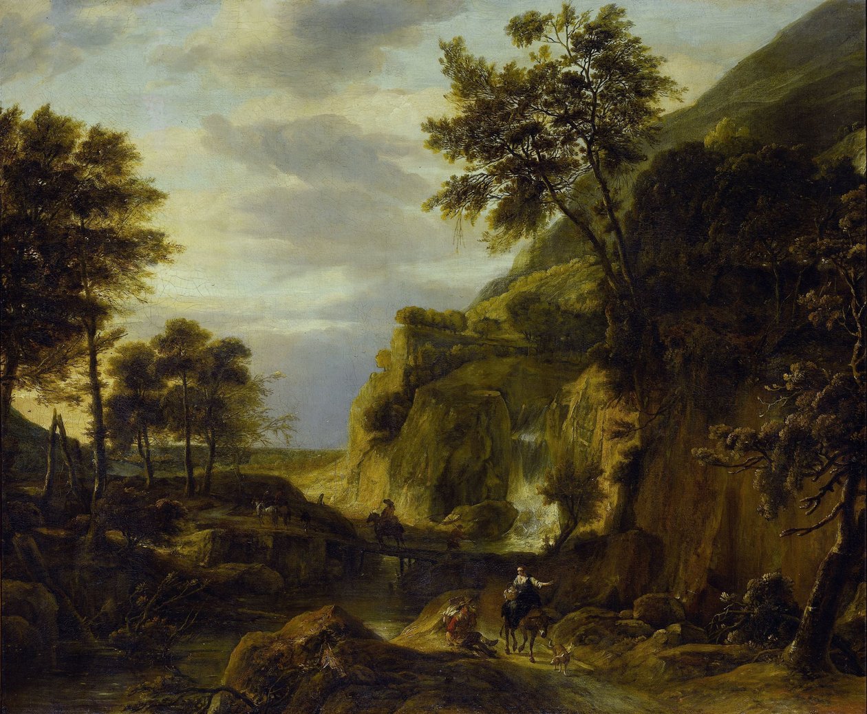 Paisaje montañoso con cascada de Roelant Roghman