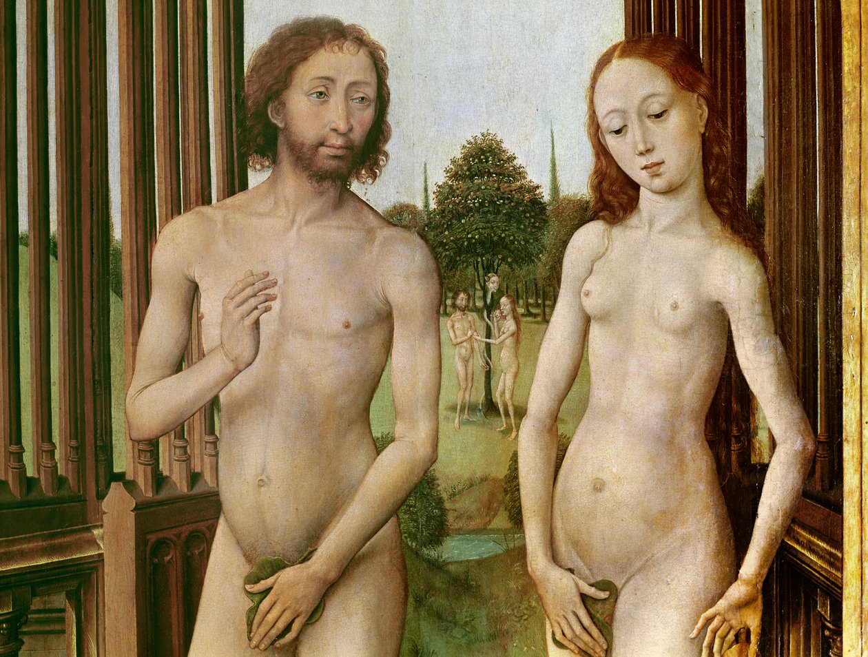 Tríptico de la Redención, panel izquierdo: Adán y Eva expulsados del Paraíso, 1455-59 de Rogier van der Weyden