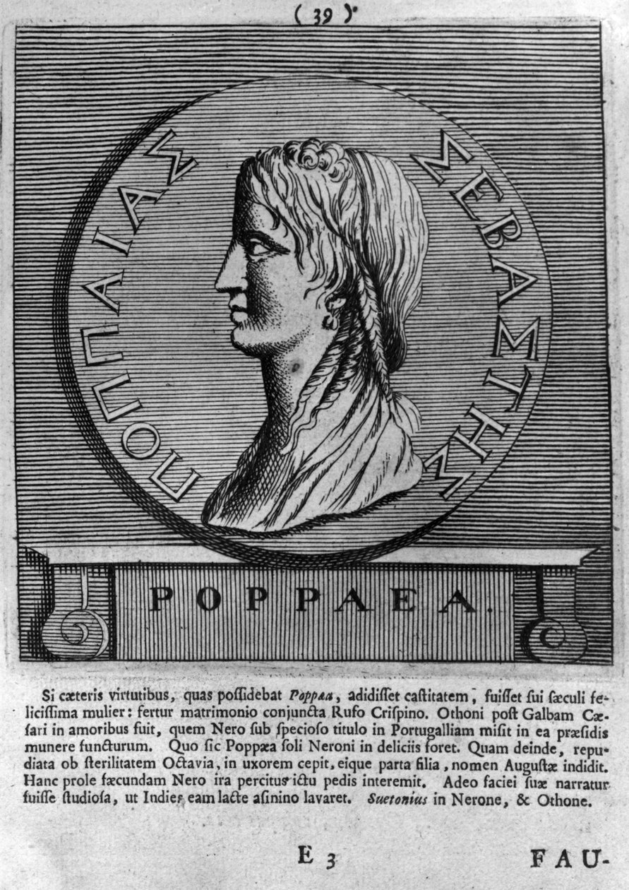 Poppaea Sabina, grabado de una moneda romana fechada en el 54-68 d.C. de Roman