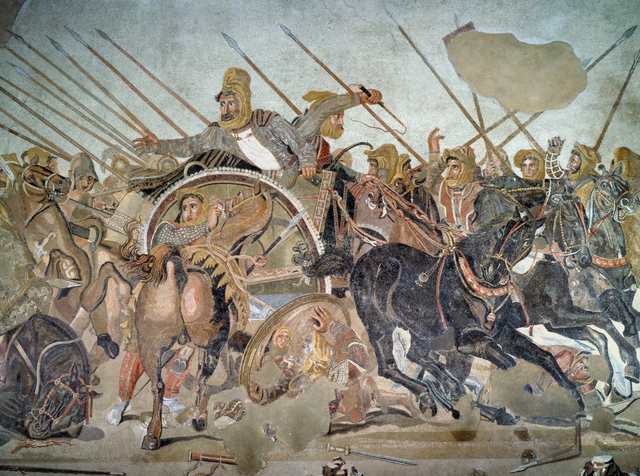 El Mosaico de Alejandro, detalle que representa a Darío III en la Batalla de Issos contra Alejandro Magno (detalle) de Roman