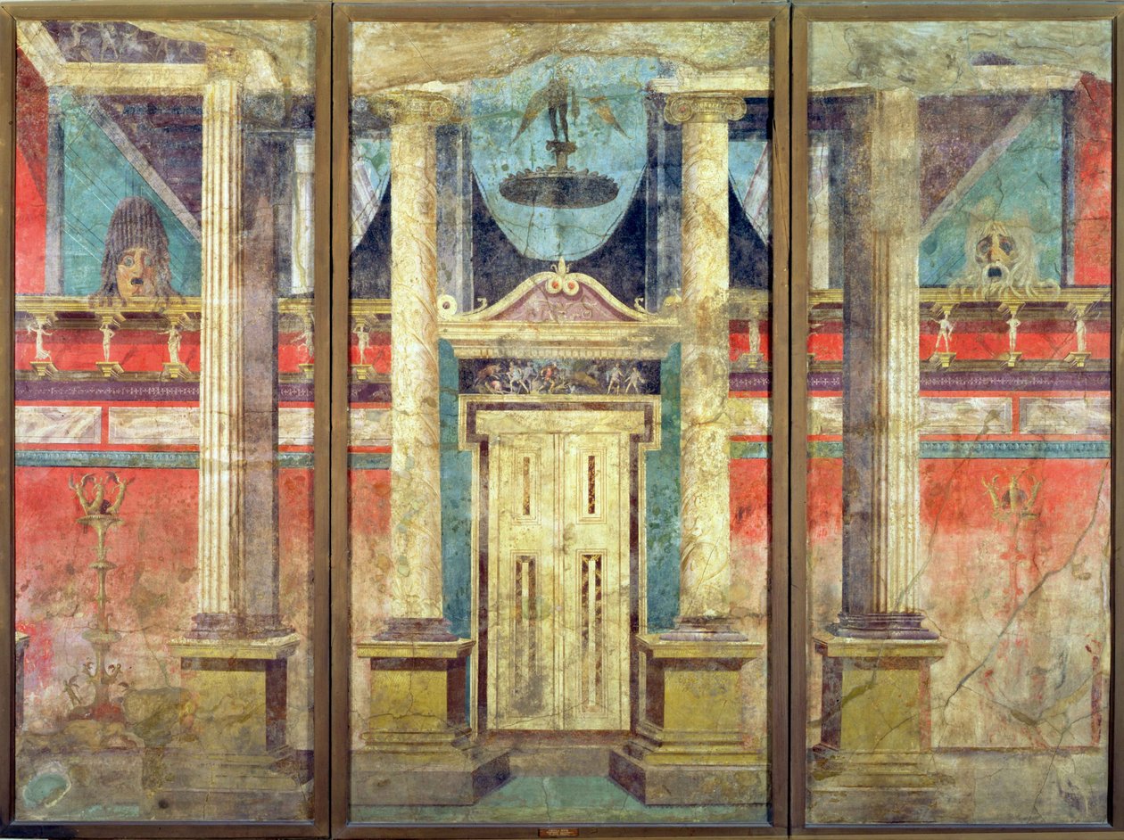 Decoración mural de la villa de P Fannius en Boscoreale, cerca de Pompeya, derivada de un escenario griego de quizás el siglo anterior, c.40-30 a.C. de Roman
