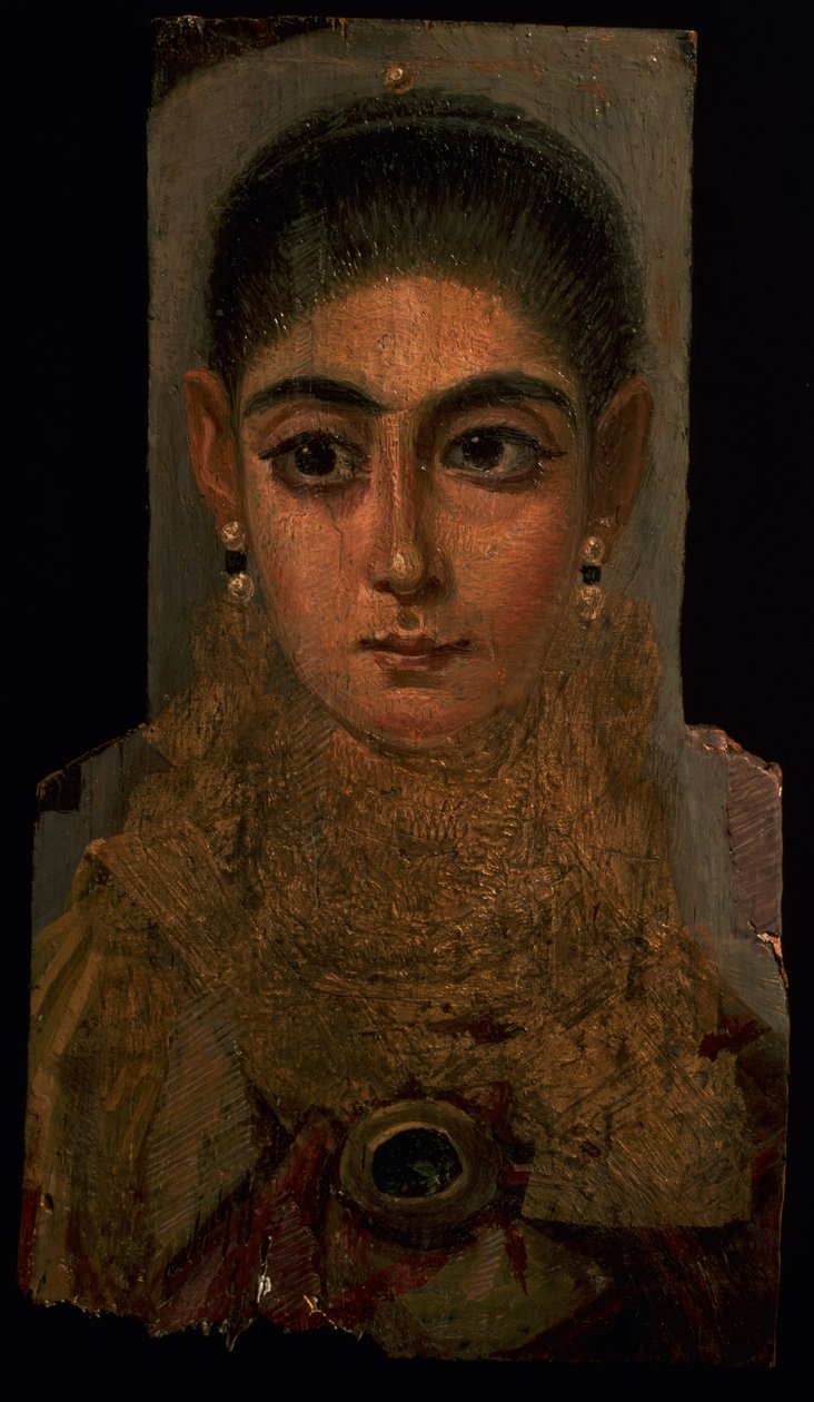 Retrato de una mujer con un pectoral de oro, decoración de tumba, de Fayum, 120-130 d.C. de Roman Period Egyptian