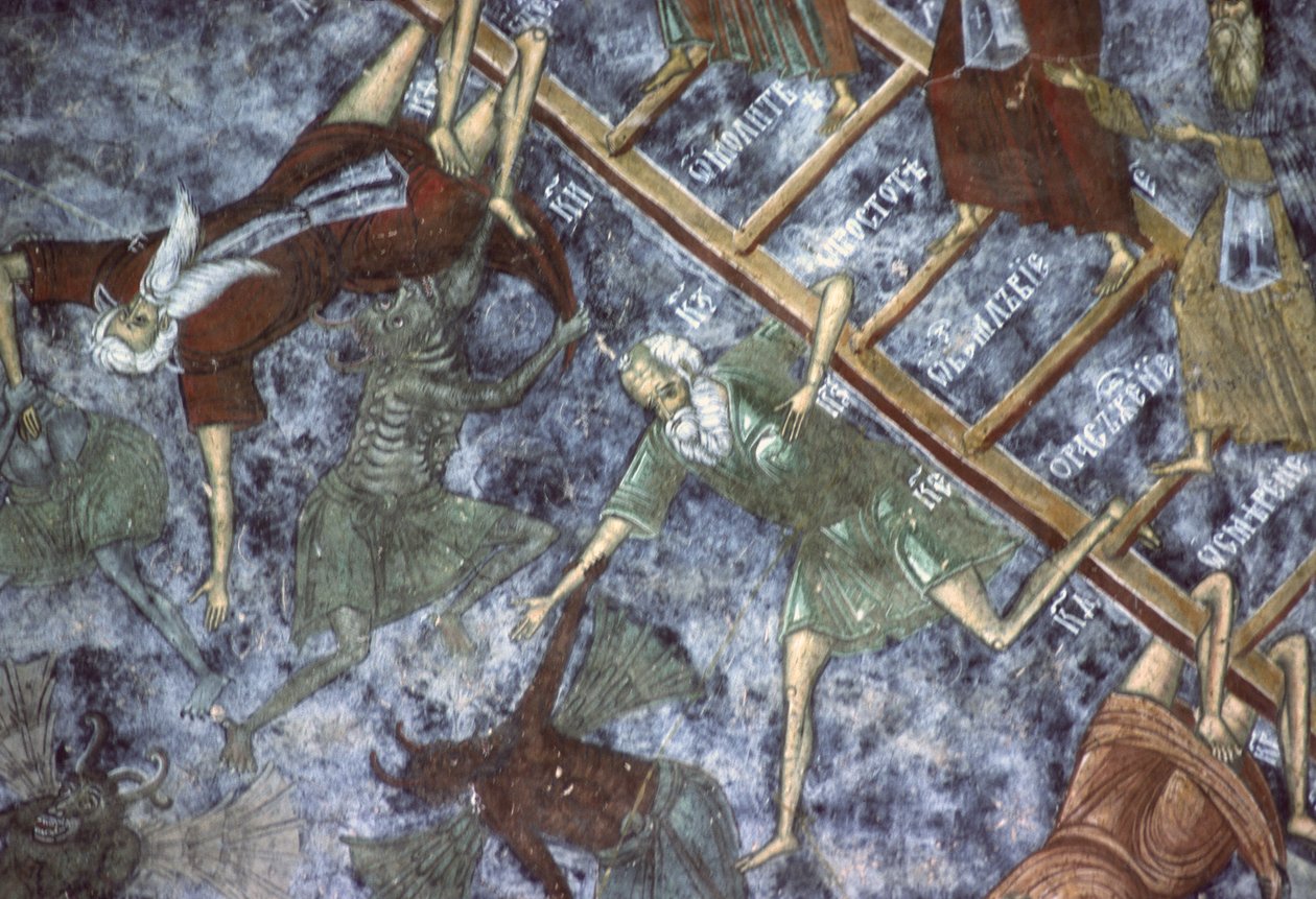 Pecadores arrastrados por demonios, (detalle) de la pintura La Escalera del Cielo, pared norte de la iglesia, c.1601 de Romanian School
