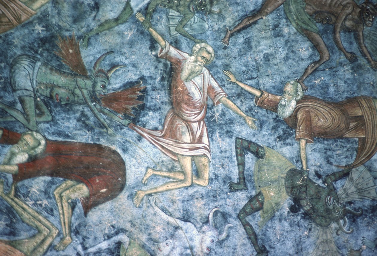 Pecadores arrastrados por demonios, detalle de la pintura de la Escalera al Cielo, pared norte de la iglesia, c.1601 de Romanian School