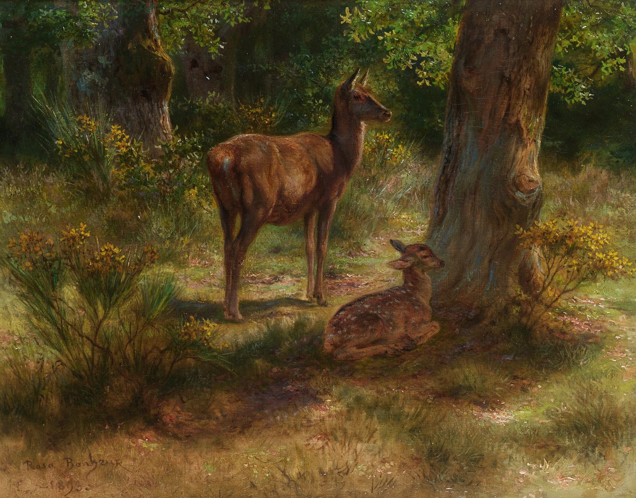 Ciervo y cervatillo en un bosque de Rosa Bonheur