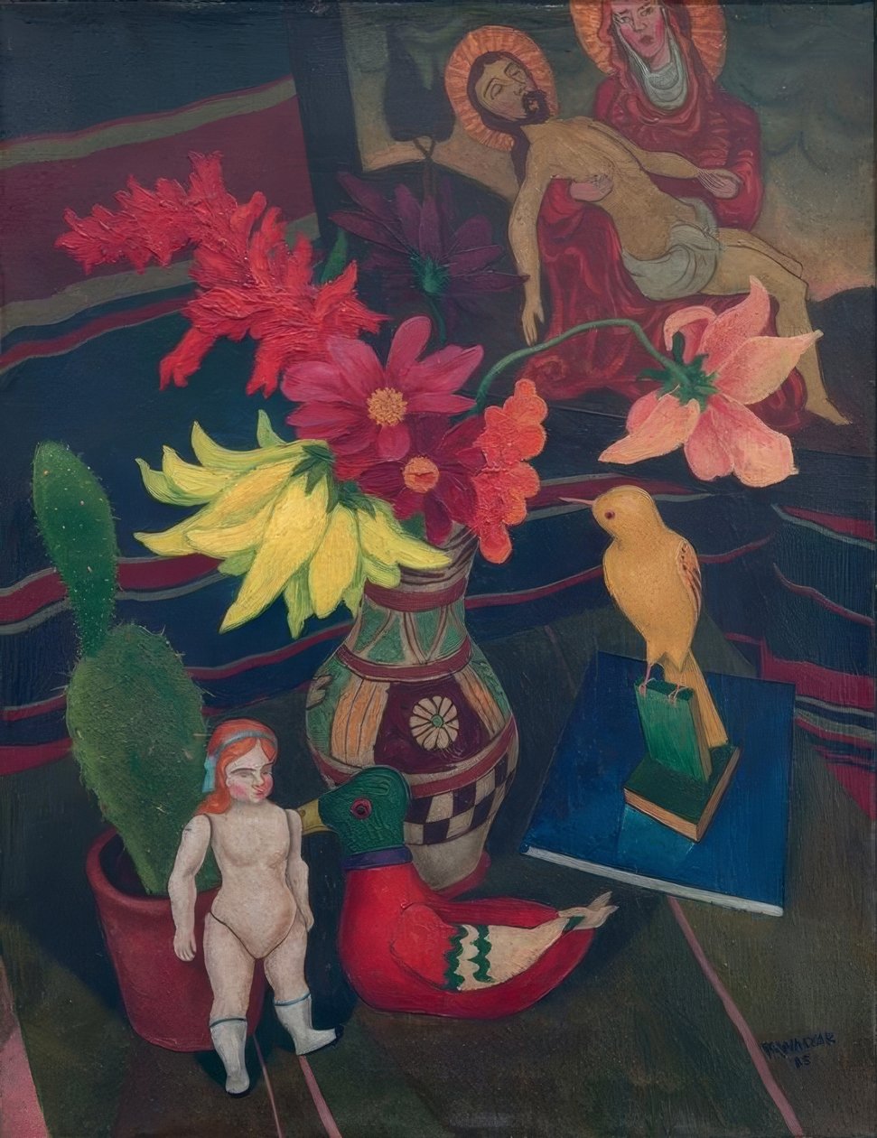 Naturaleza muerta con muñeca desnuda, cactus y Pietà de Rudolf Wacker