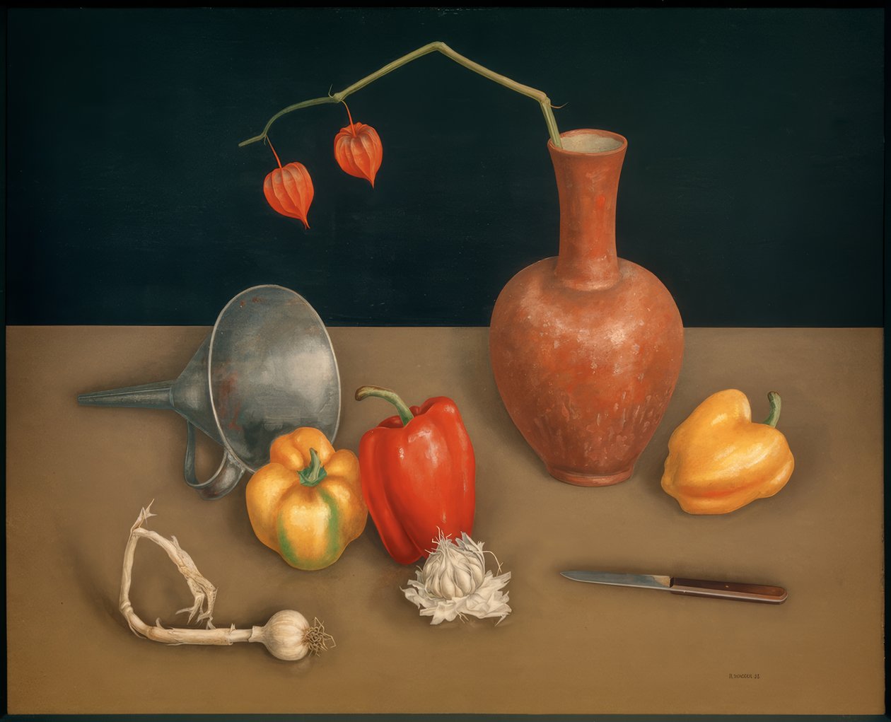 Naturaleza muerta con pimientos (cuchillo, jarrón, flor de farolillo) de Rudolf Wacker