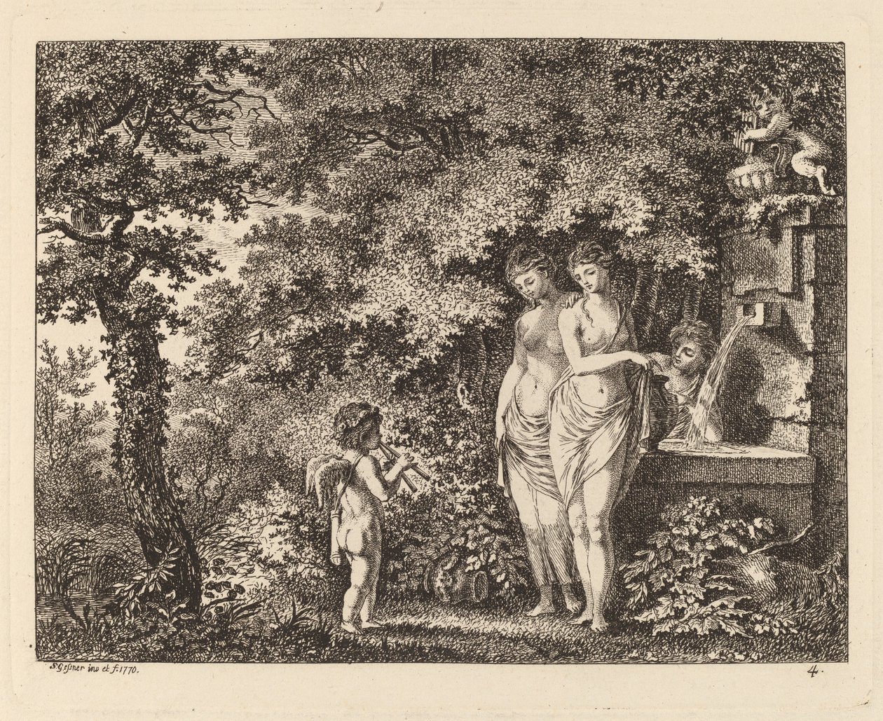 Eros con tres chicas en una fuente de Salomon Gessner