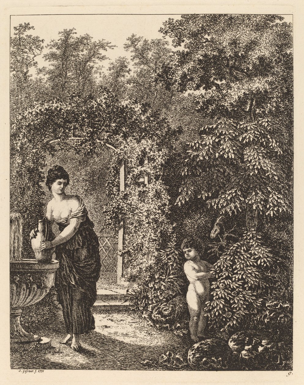 Putto Visitando a una Chica en una Fuente de Salomon Gessner