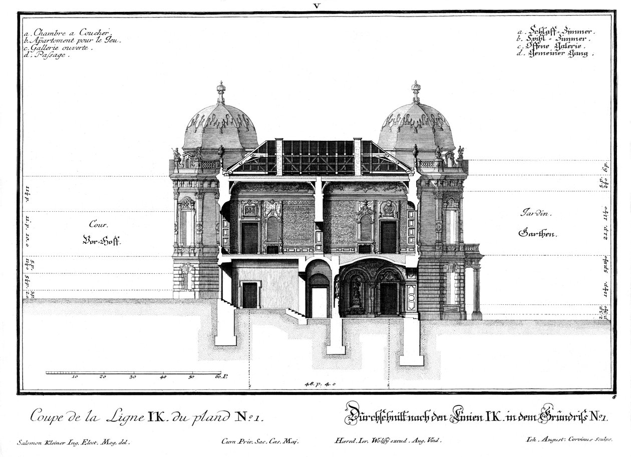 Sección a través del ala lateral occidental de dos pisos de Salomon Kleiner