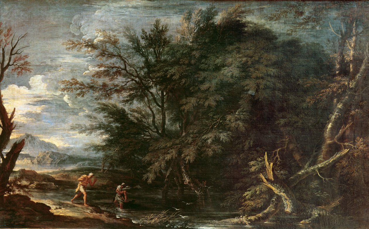 Paisaje con Mercurio y el Leñador Deshonesto, c.1650 de Salvator Rosa