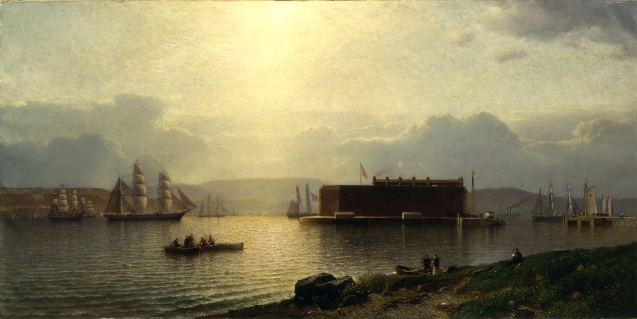 The Narrows y Fort Lafayette, barcos entrando al puerto, Puerto de Nueva York, 1868 de Samuel Colman