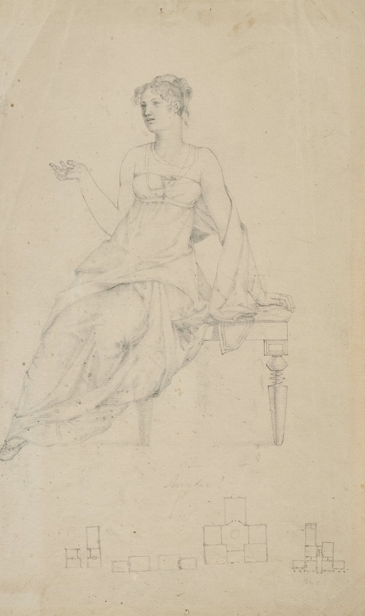 Mujer sentada en un banco y cuatro planos de planta de Samuel Finley Breese Morse