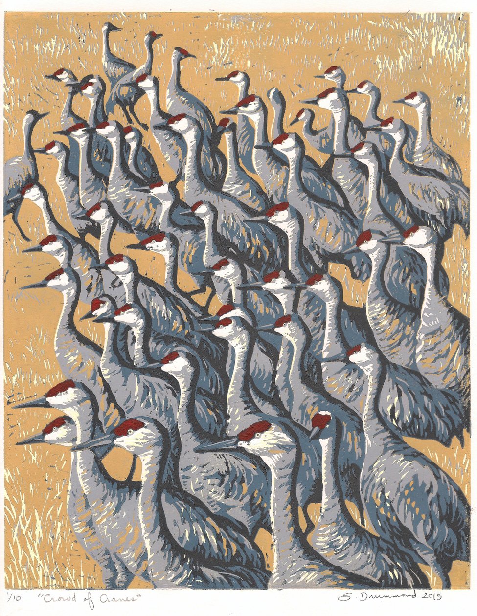 Multitud de grullas, 2015 (linograbado) de Sarah Drummond