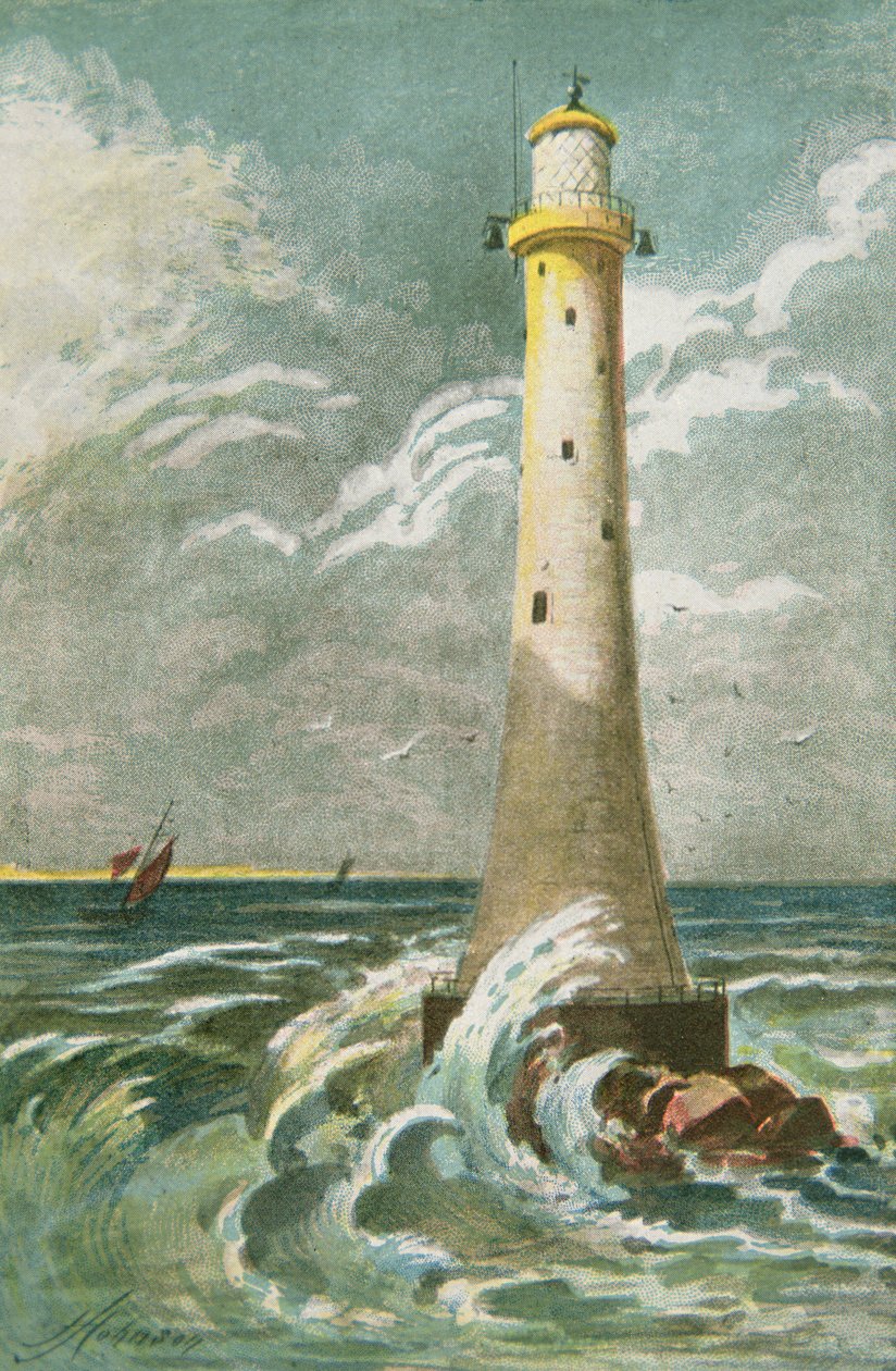 Faro de Eddystone frente a Plymouth (litografía en color) de School English
