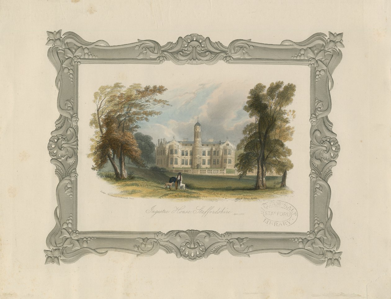Ingestre Hall (grabado en acero, coloreado a mano) de School English