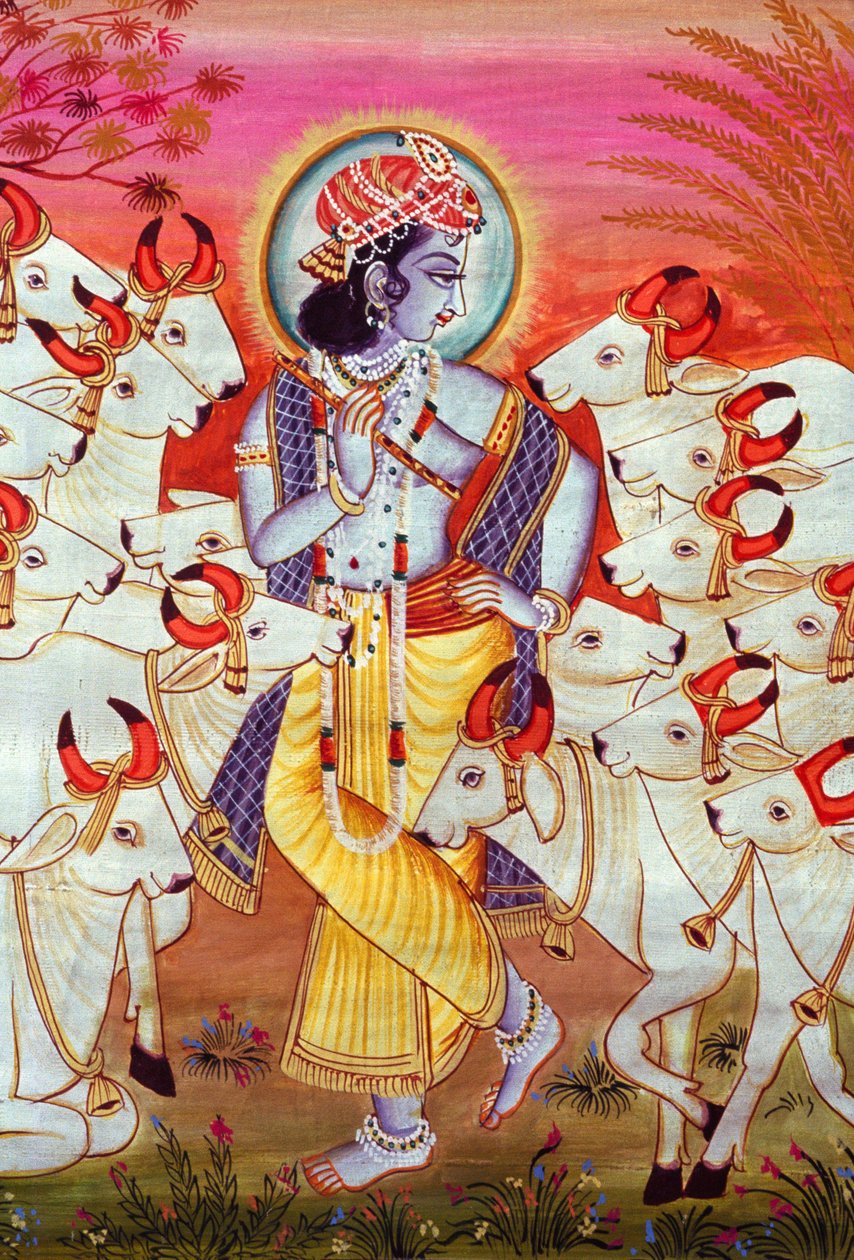 Pintura en miniatura de Krishna y las vacas de School Indian