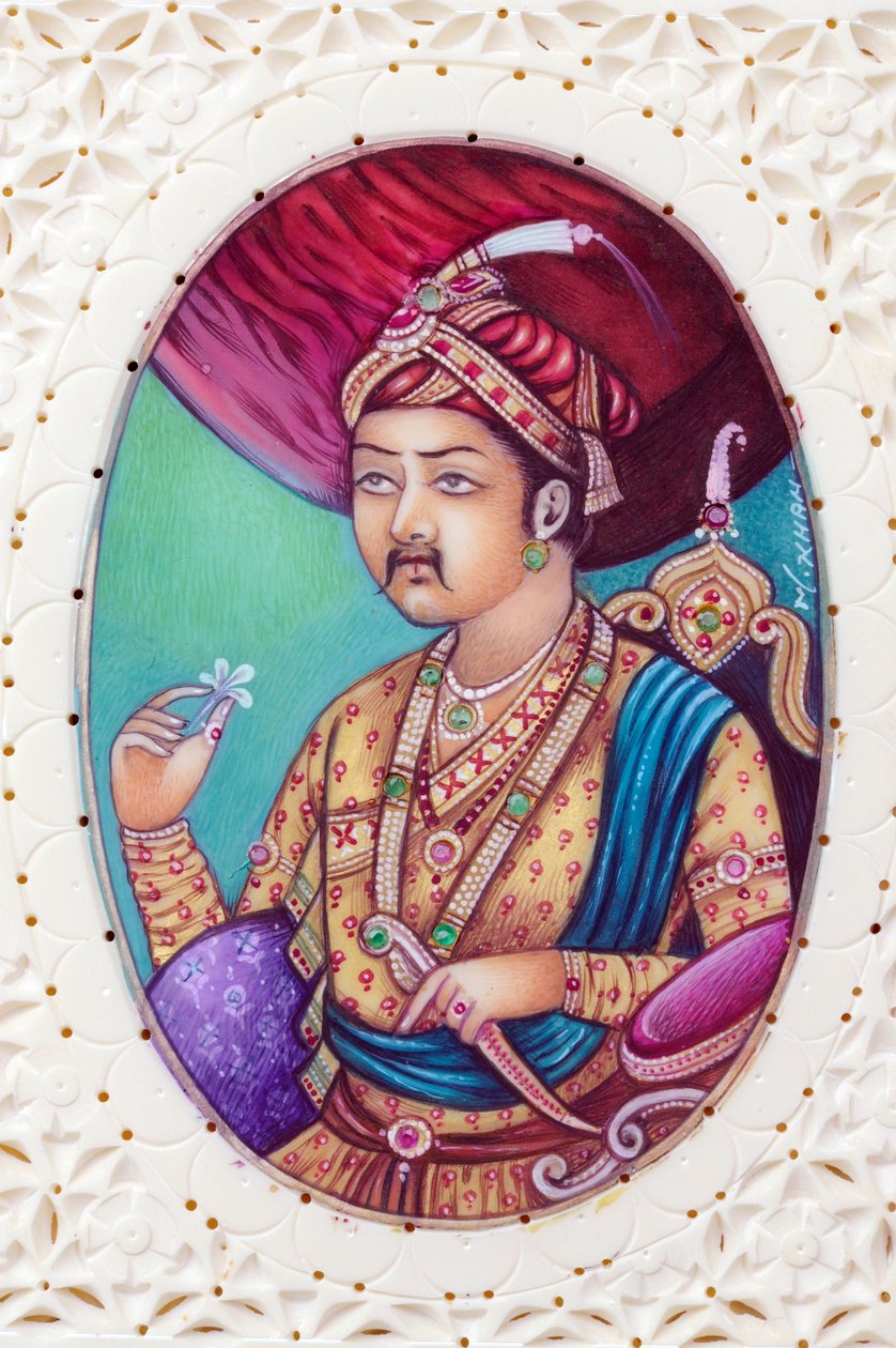 Pintura en miniatura del emperador mogol Akbar de School Indian