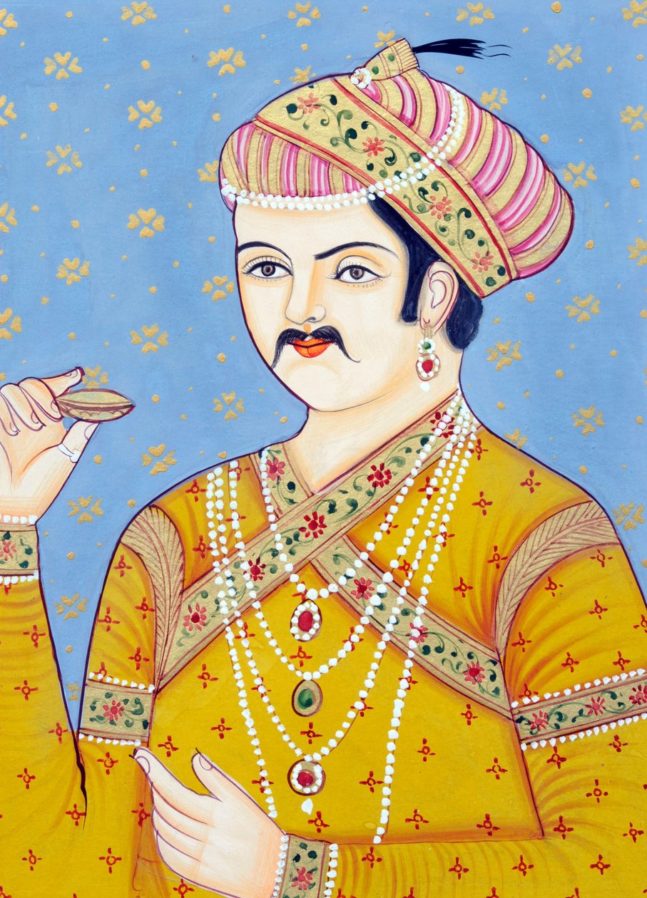 Pintura en miniatura del emperador mogol Akbar de School Indian