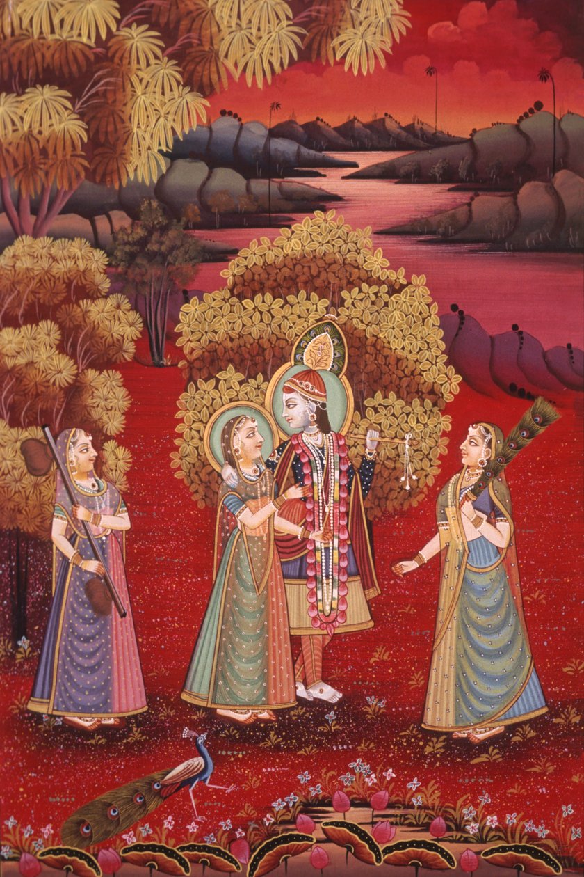 Radha Krishna Pintura en miniatura sobre seda de School Indian