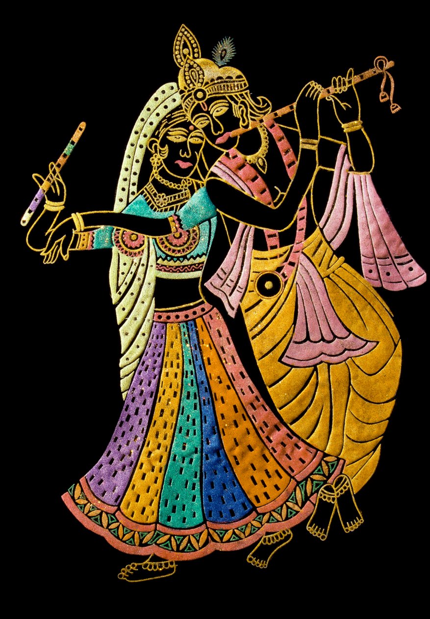 Radha Krishna Pintura en miniatura sobre terciopelo de School Indian