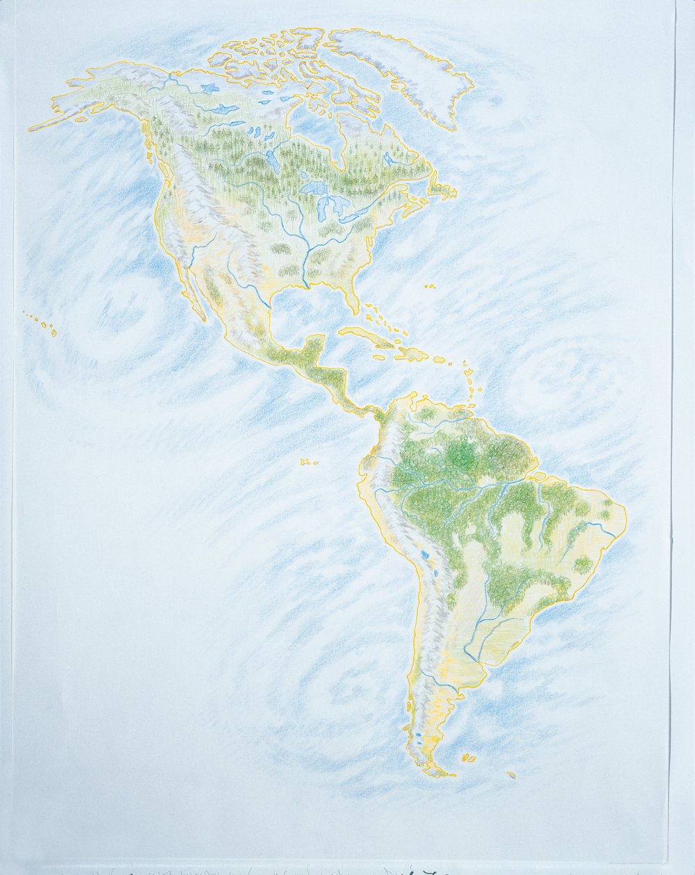 Mapa físico de América (litografía en color) de School Italian