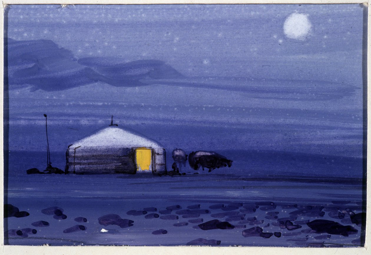 Yurta mongola, noche - Acuarela mongola de School Mongolian