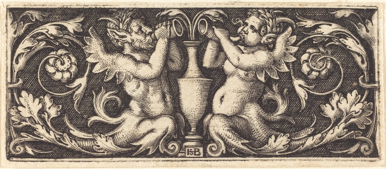 Ornamento con dos tritones soplando cuernos de Sebald Beham