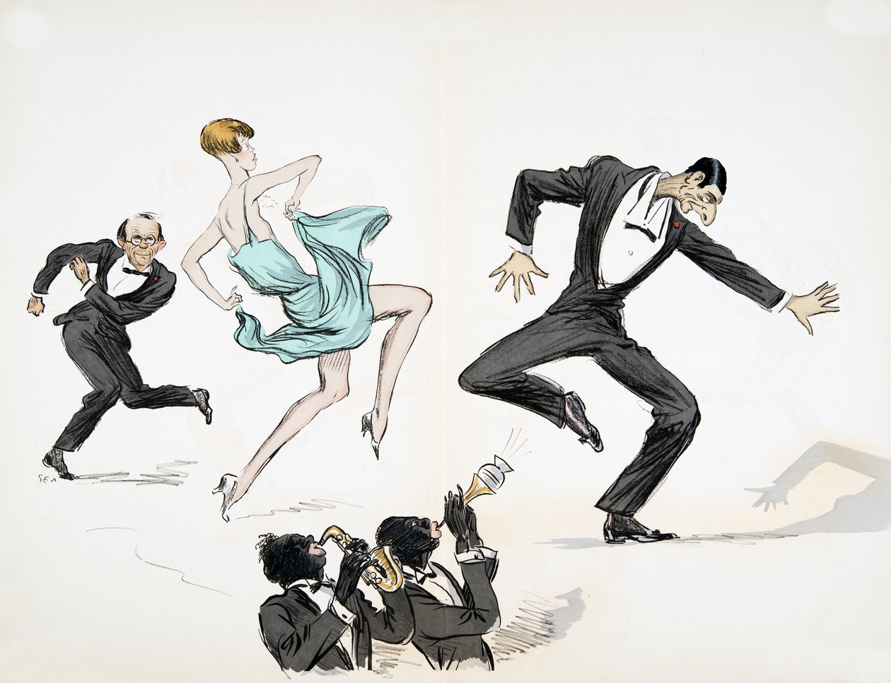 Dos hombres con corbata negra y una mujer con vestido azul brillante bailan al ritmo de dos músicos tocando jazz con instrumentos de metal, de White Bottoms, pub. 1927 de Sem