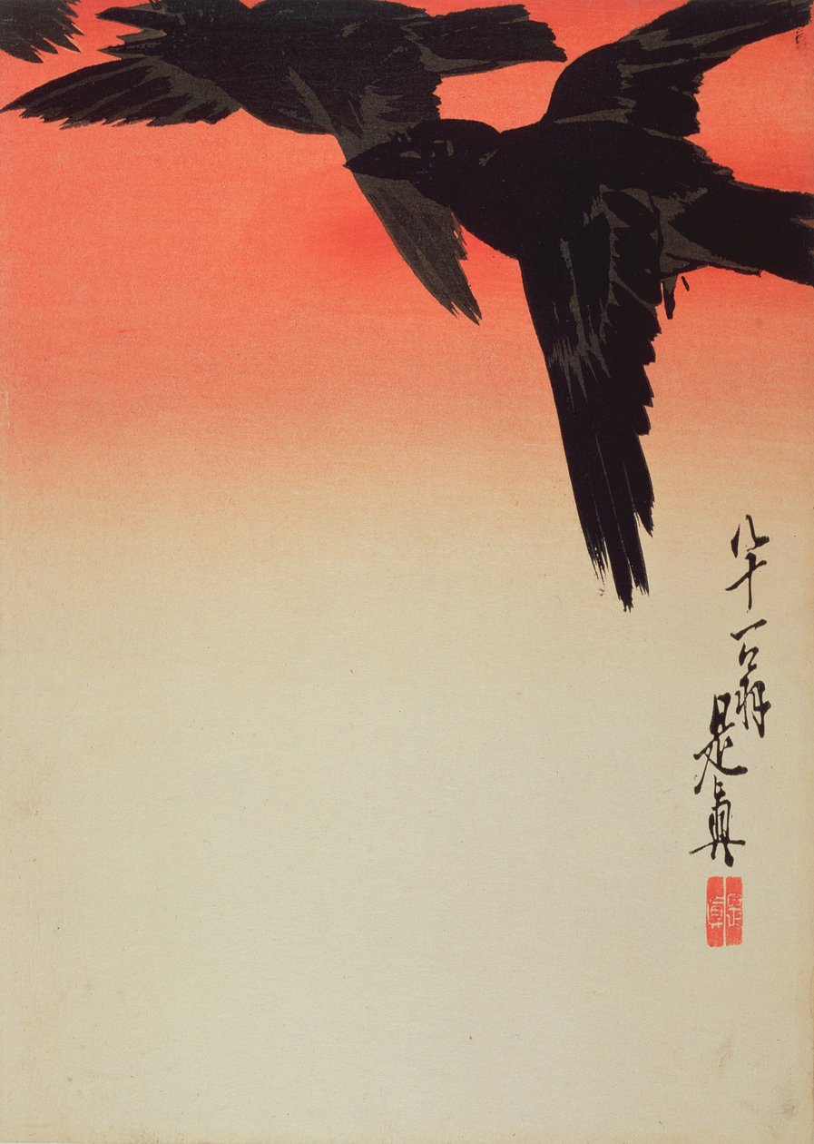 Cuervos en vuelo al amanecer, 1888 de Shibata Zeshin