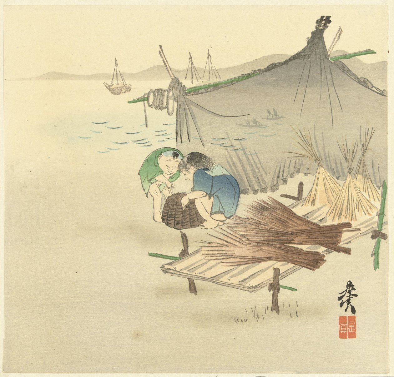 Niños en una red de pesca de Shibata Zeshin