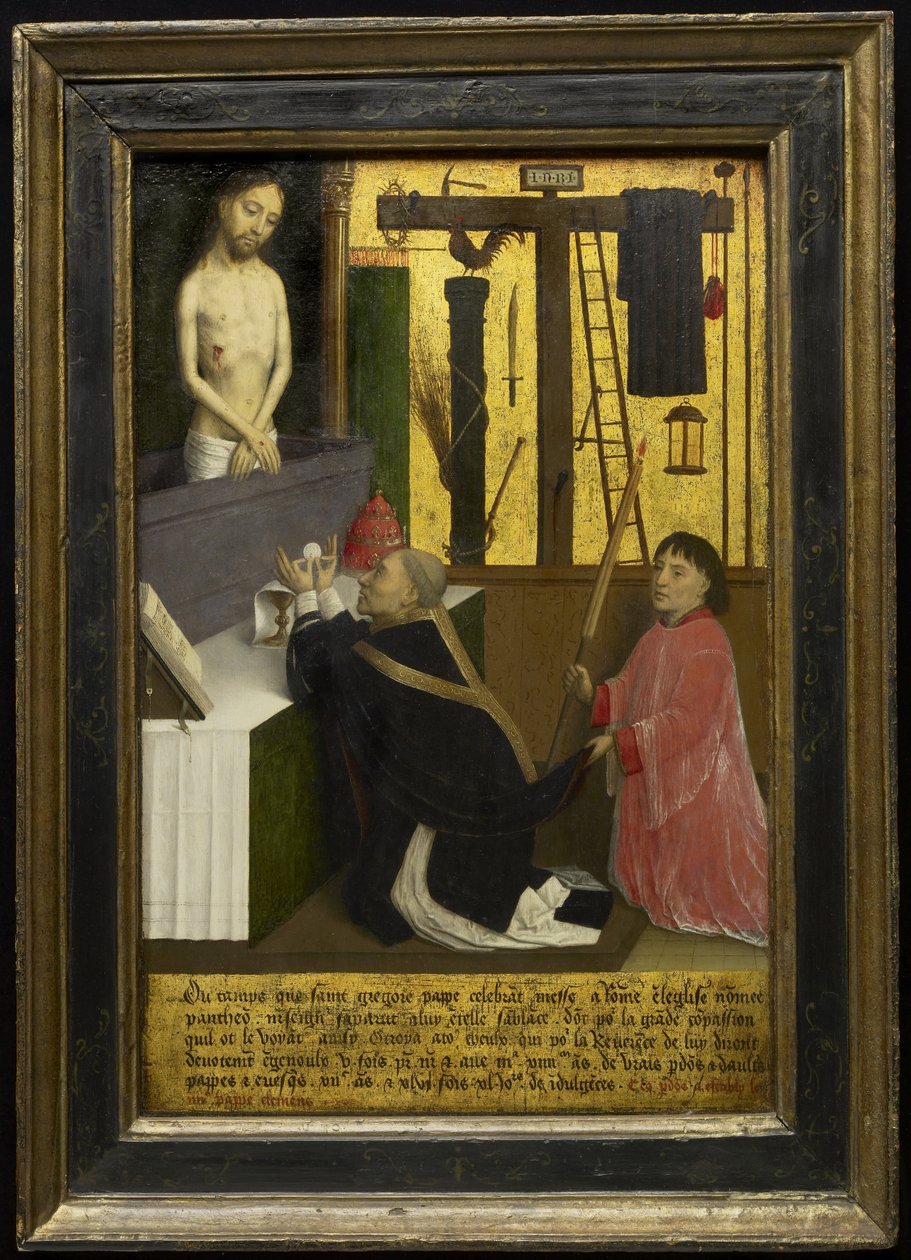 La misa de San Gregorio, c.1460-65 (óleo y pan de oro sobre panel de madera) de Simon Marmion