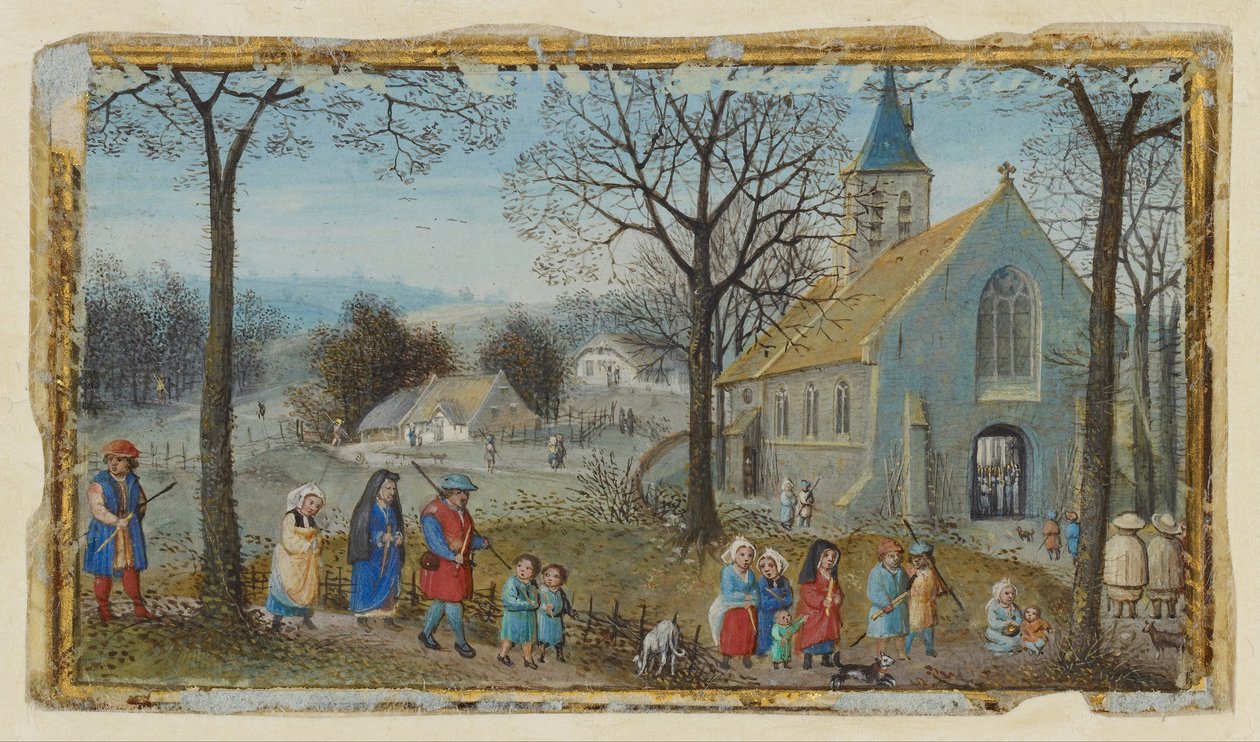 Aldeanos en Camino a la Iglesia de Simon Bening