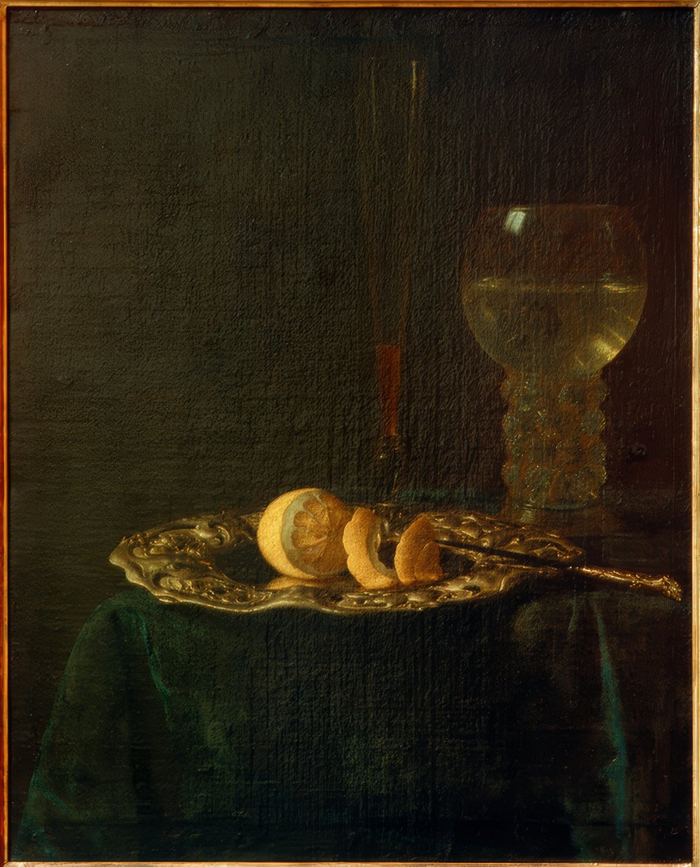 Bodegón con plato de plata, limones, copa romana y flauta de Simon Luttichuys