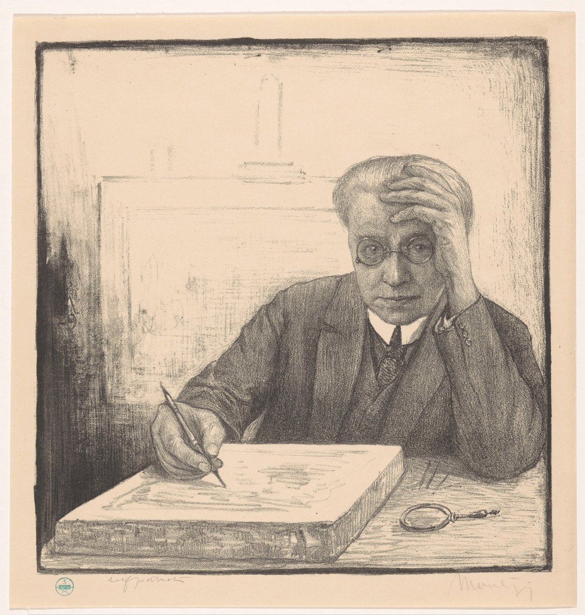 Autorretrato con piedra litográfica de Simon Moulijn (signed by artist)