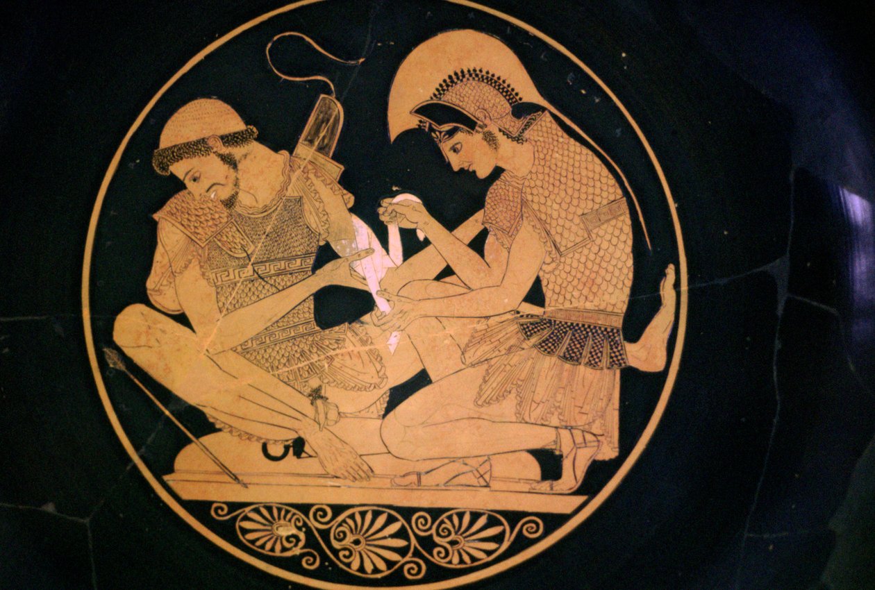 Pintura de vaso griego de Aquiles y Patroclo de Sosias