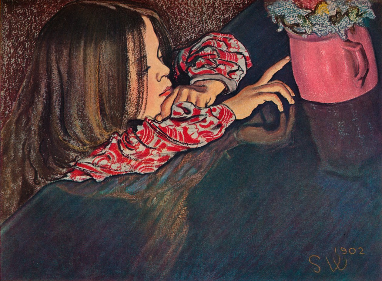 Niña mirando un jarrón de flores, 1902 de Stanislaw Wyspianski
