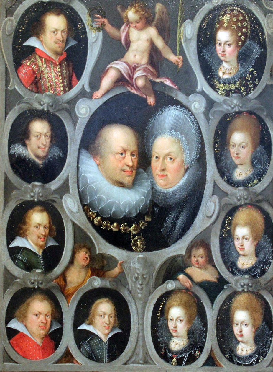 Duque Friedrich I. (1557-1608) (reg. 1593 - 1608) y la duquesa Sibylla de Württemberg con diez de sus hijos de Stuttgarter Hofmaler