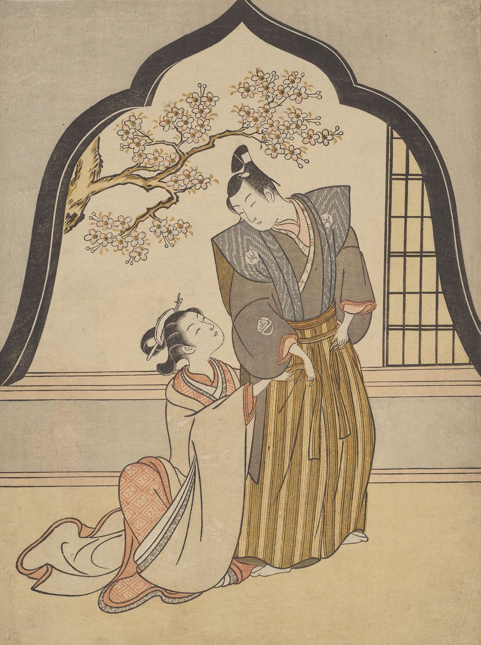 Los amantes se visten junto a una ventana de Suzuki Harunobu