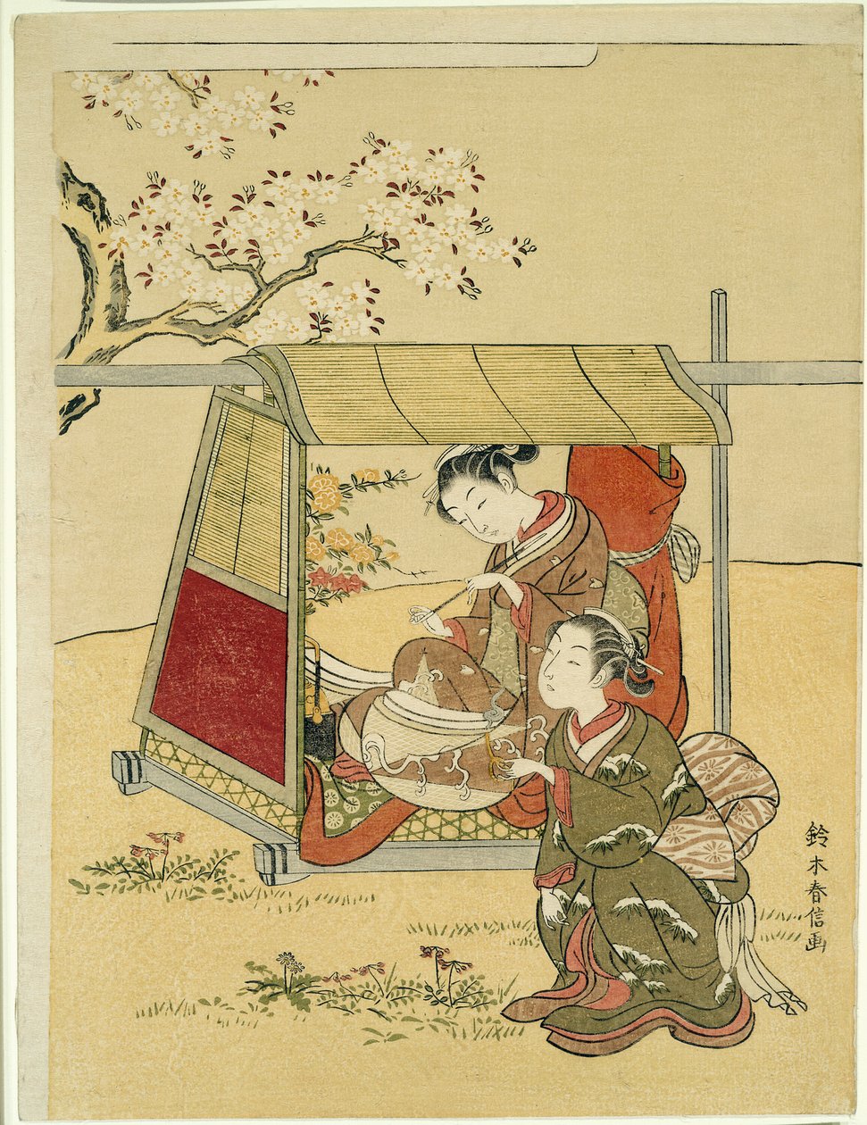 Descansando en un palanquín bajo los cerezos en flor de Suzuki Harunobu