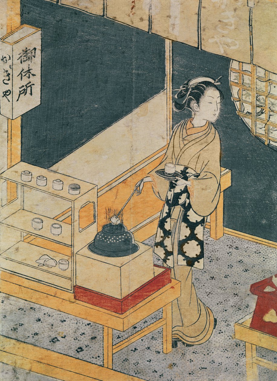 Sirviente preparando té (grabado en madera a color) de Suzuki Harunobu