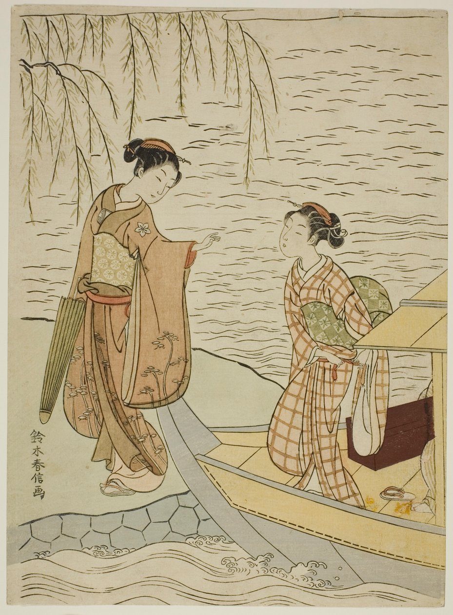 Dos chicas saliendo de un bote de Suzuki Harunobu