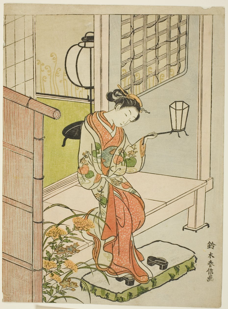 Mujer saliendo con una linterna de Suzuki Harunobu