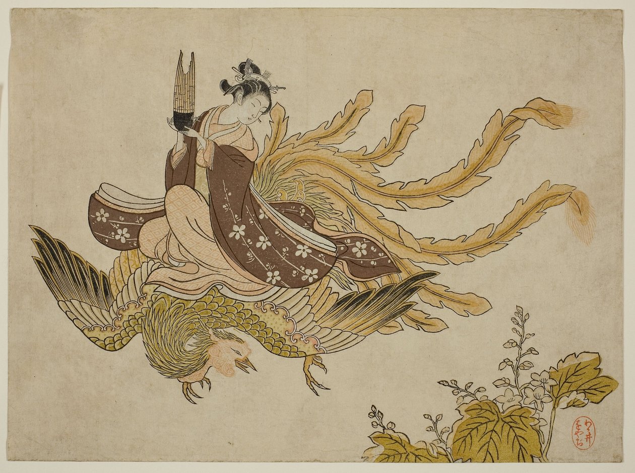 Mujer joven montada en un fénix de Suzuki Harunobu